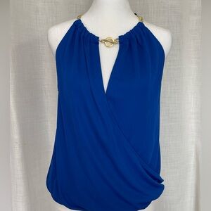Royal Blue foreign by Ralph Lauren, wrap Halter  Sleeveless Top with Gold Accent